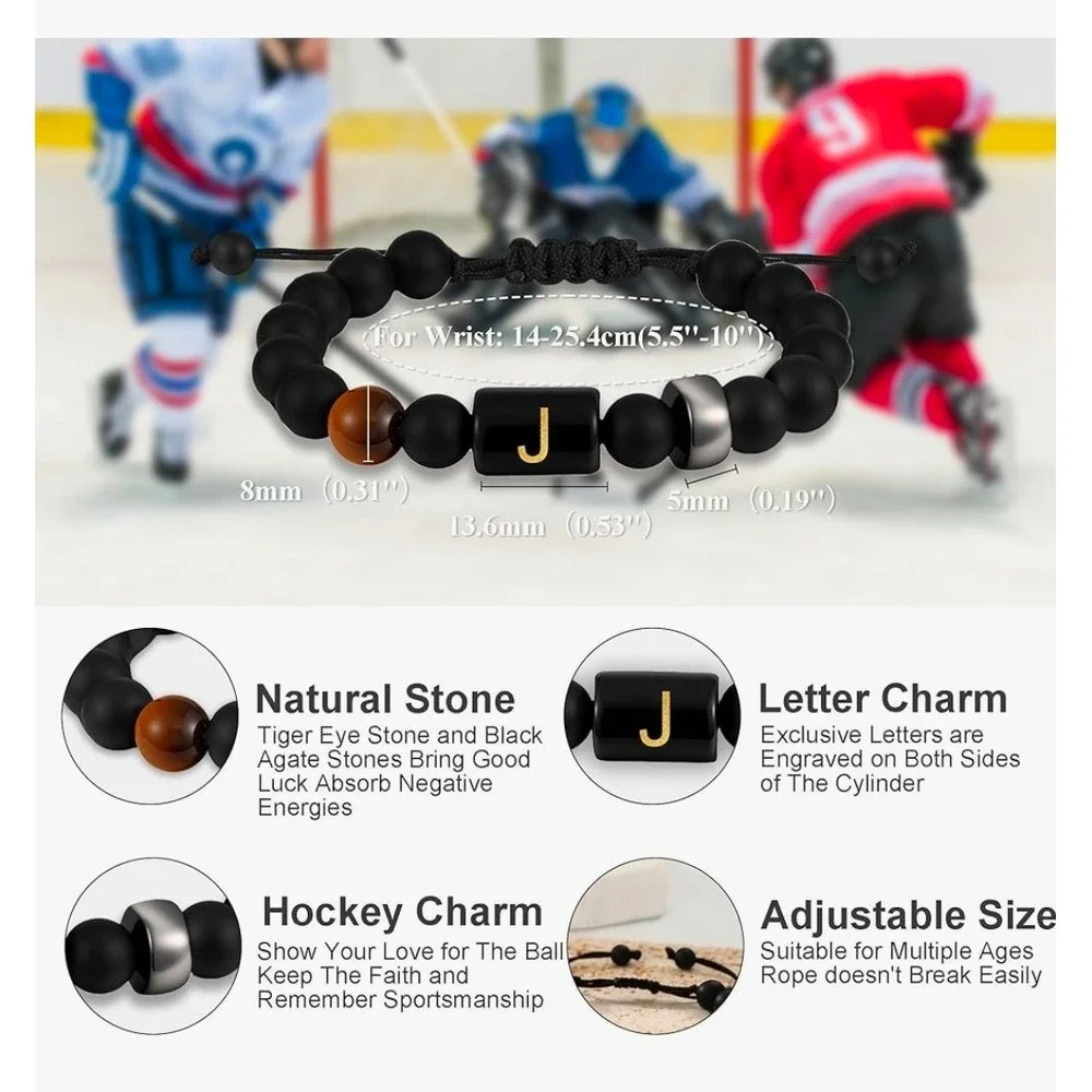 Mens Black Agate Tiger Eye Beaded Bracelet‎ Letter J Initial Adjustable